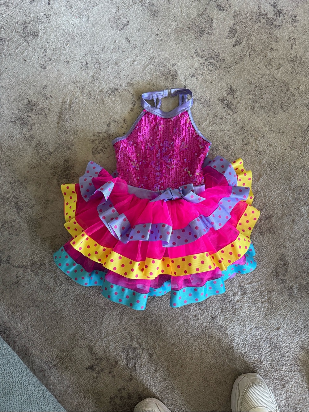 Weissman Hot Pink Sequin Halter Tutu Dress with Multicolor Polka-Dot Ruffles